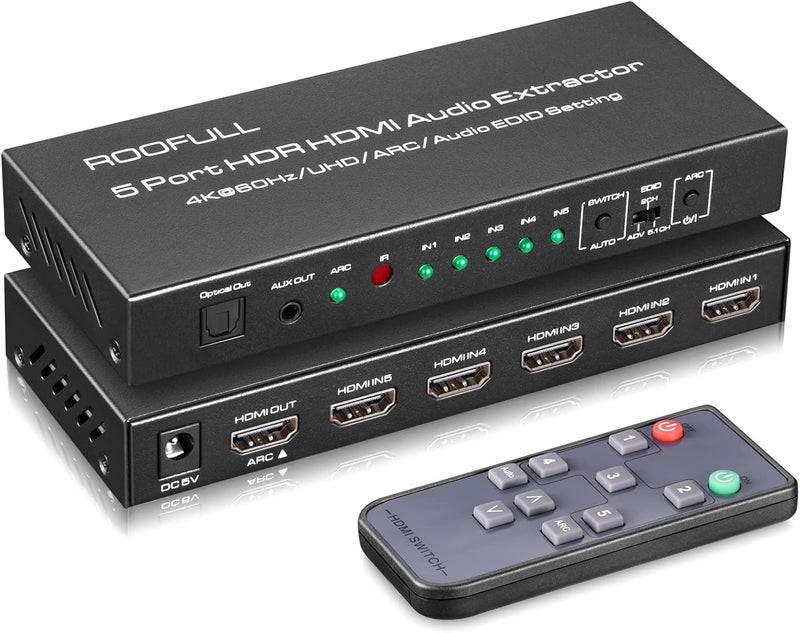 ROOFULL 5 Port 4K@60Hz HDMI Switch with Optical & 3.5mm AUX Audio Out, 5 in 1 Out HDMI 2.0 Switch Audio Extractor with Remote, Support ARC, HDR 10, HDCP 2.2, 18Gbps, Dolby Vision/Atmos, 3D, 1080P - Image 1